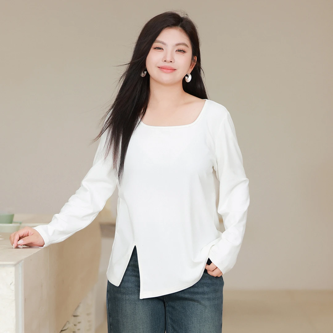 【磨毛针织内搭T恤】MsShe大码女2025新款春装侧开叉打底衫Q2411043