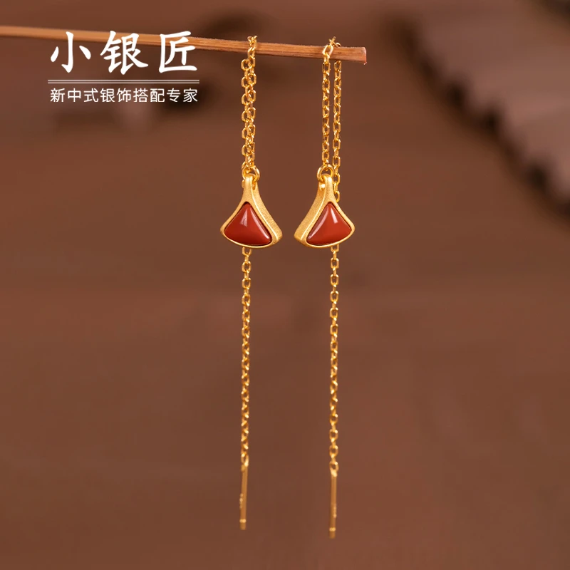 小银匠S925银玛瑙耳线女气质时尚复古典宫廷银杏叶精致耳饰送礼物