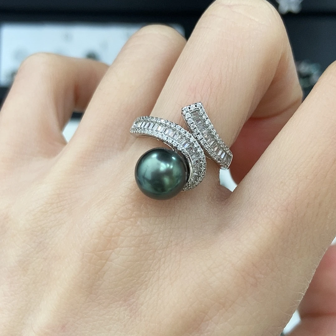 银S925镶嵌海水珍珠戒指跨年福利 孔雀绿戒指