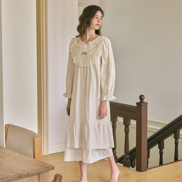 [ULLALA]乌拉拉韩国春夏睡裙白色乳白蕾丝长袖甜美，韩国正品直邮