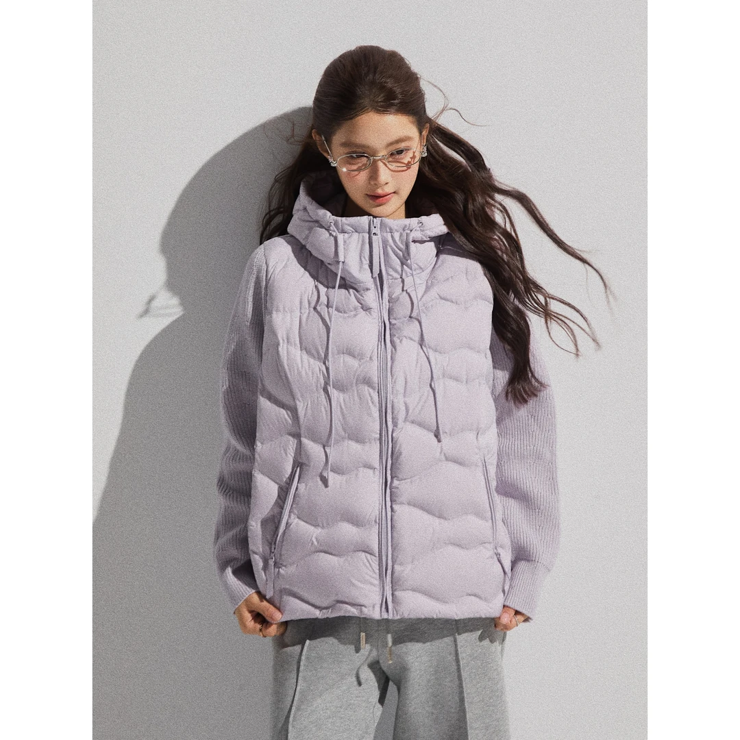 谢不肉 鸭绒拼接针织连帽抽绳长袖羽绒服女冬韩版休闲外套50835