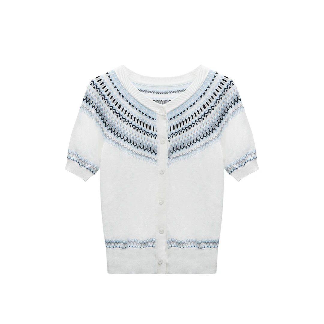 女短袖毛针织衫藏青薄款针织开衫毛衣春夏百搭圆领OP-50