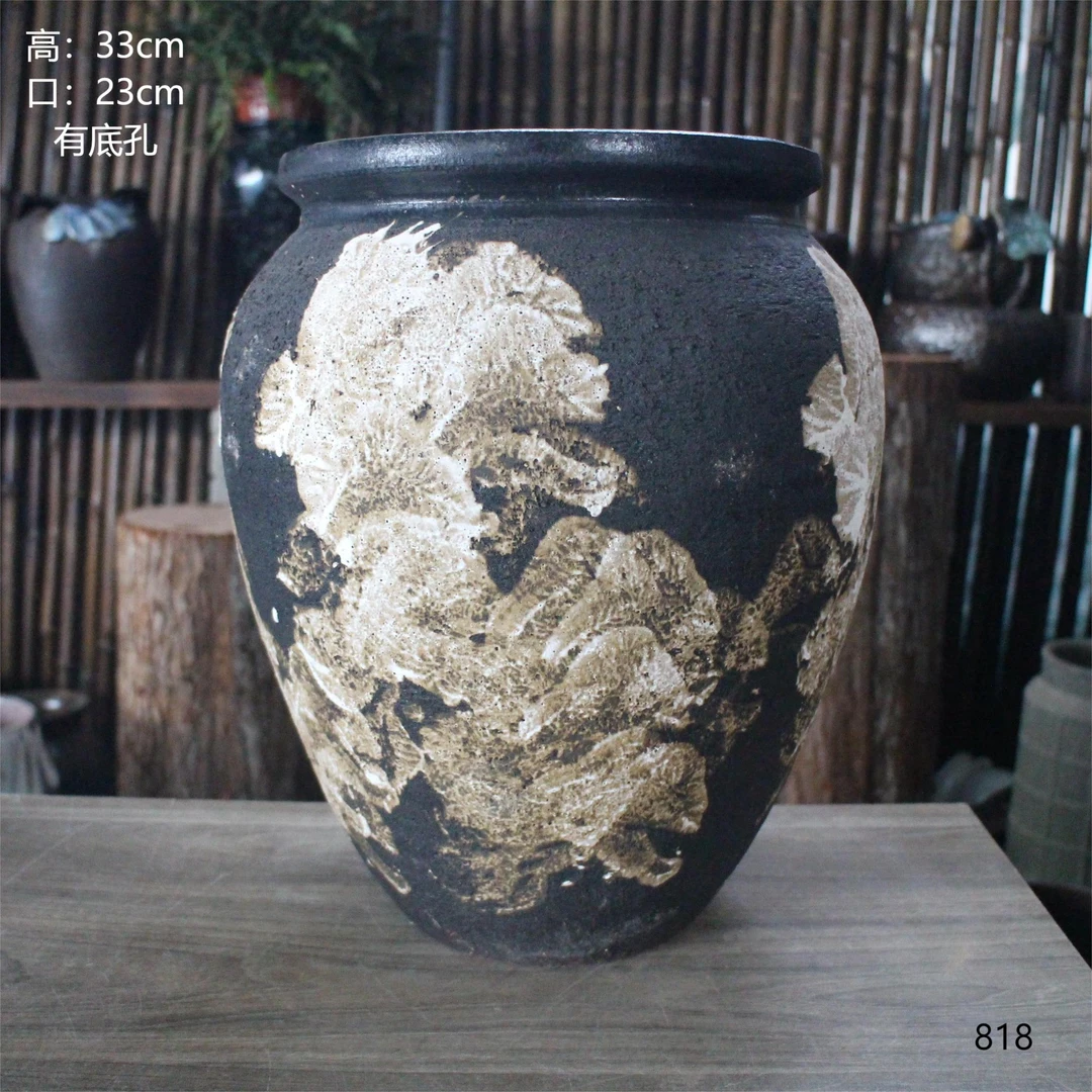 B818大口径花盆透气风复古透气粗陶花盆高筒大号老桩多肉装饰盆