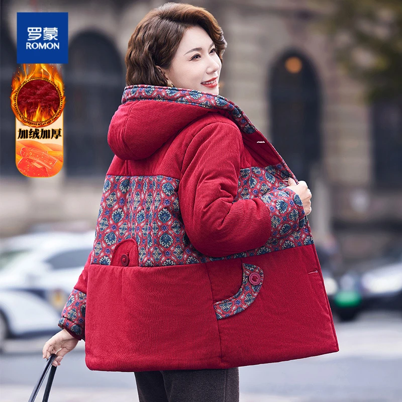罗蒙妈妈装洋气加绒加厚棉服中年女装冬装短款棉衣中老年棉袄外套