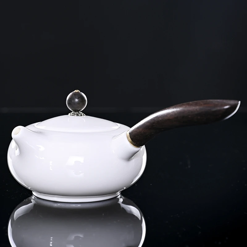 羊脂玉德化白瓷泡茶壶手工带木柄防烫茶壶中式手工纯色单壶侧把壶