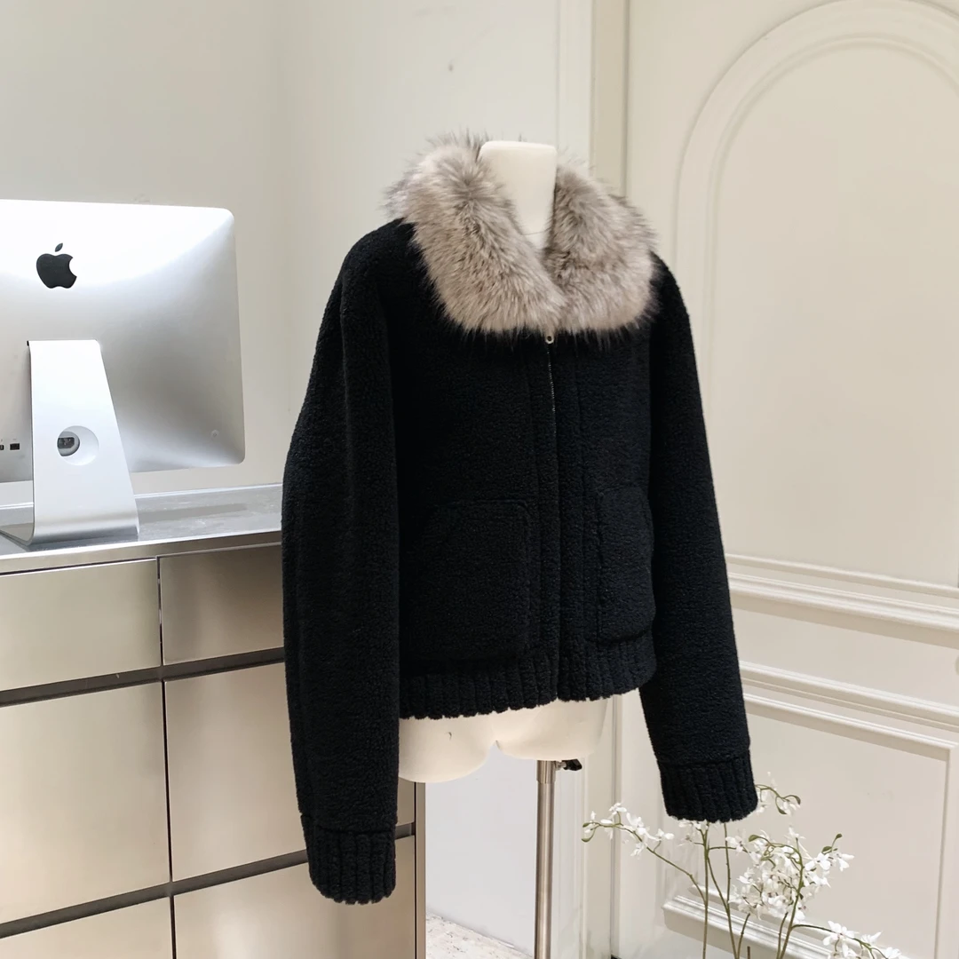 定染毛领小颗粒羊羔毛外套冬黑色毛毛冬装2025新品
