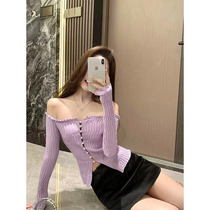 纯欲甜辣一字肩针织开衫女短款春秋独特别致上衣漂亮毛衣打底衫女