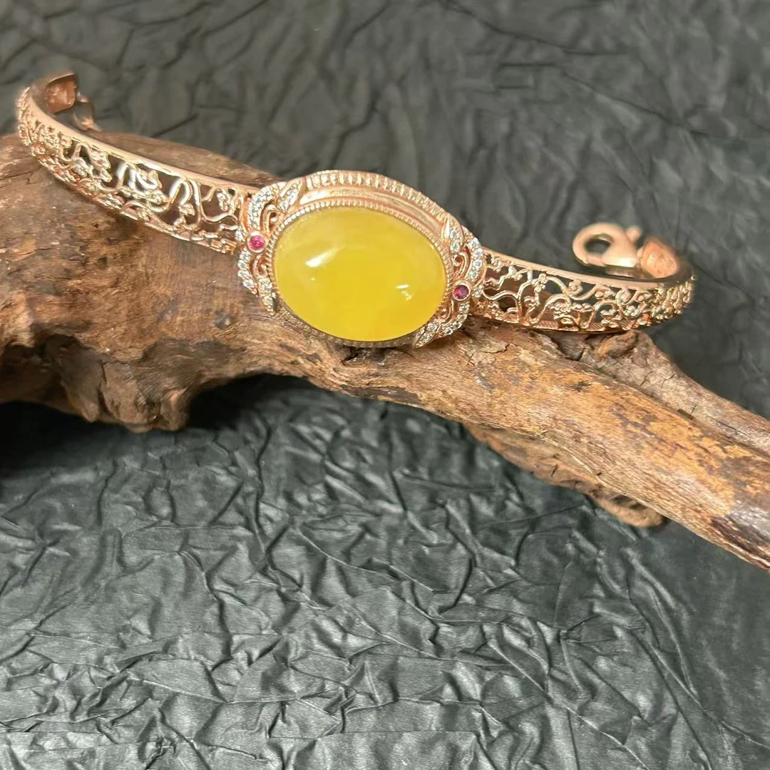 天然琥珀S925银镶嵌手镯