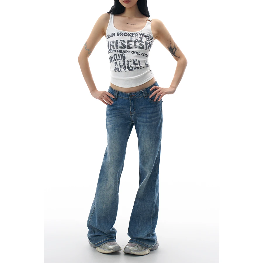 AGUA美式复古低腰微喇牛仔裤女新款不贴腿窄版显瘦设计感辣妹长裤