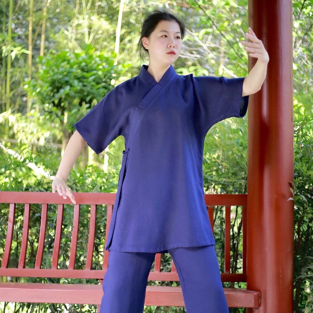 武当短袖斜巾棉麻太极服练功服表演服春夏秋季复古中式男女同款