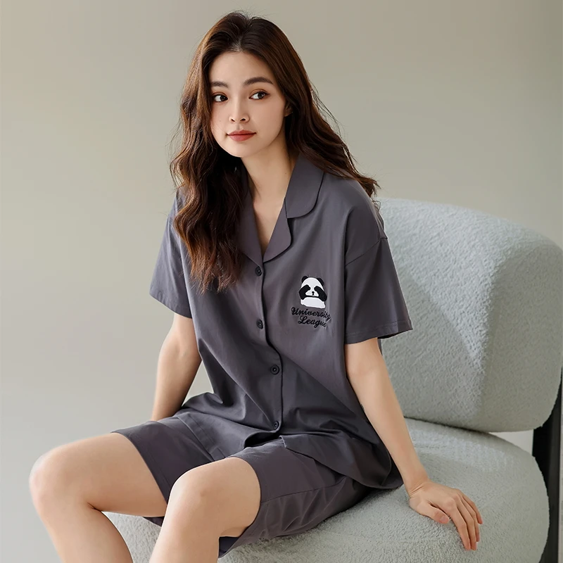 浪莎睡衣夏季女士短袖短裤简约休闲开衫翻领夏天薄款家居服套装G