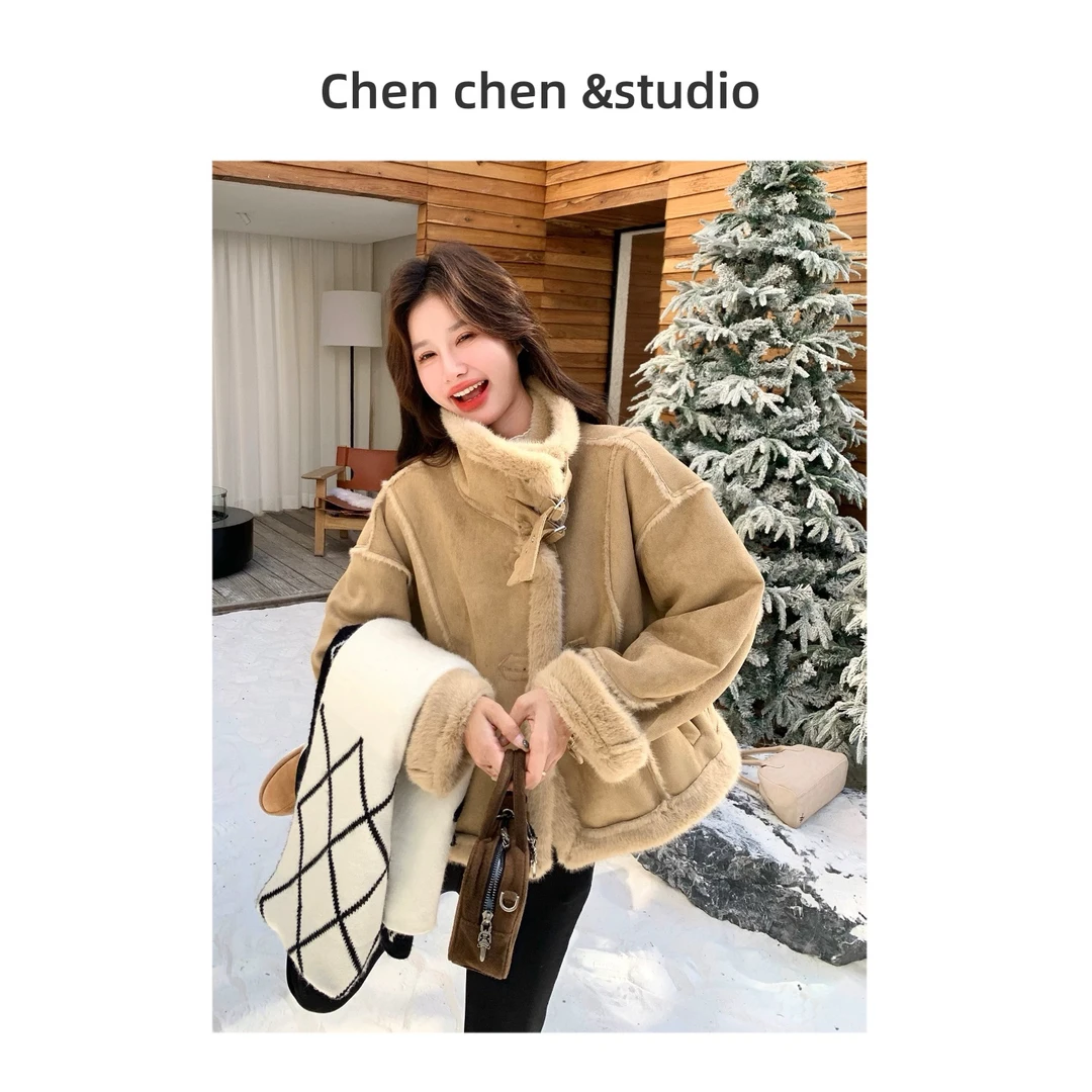 人造皮草 【双带机车领外套】美拉德复古加厚女宽松保暖冬款夹克