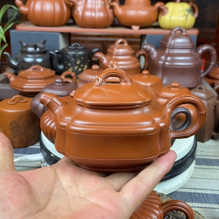 紫砂茶壶四方竹鼓330cc原矿赵庄朱泥特价