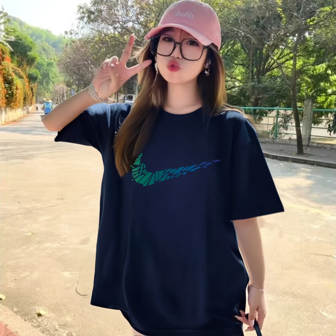官方正品旗舰店夏季宽松女设计款新款藏青色纯棉圆领T恤宽松休闲
