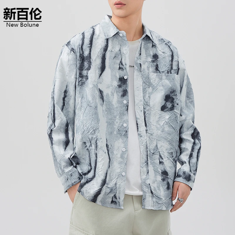 新百伦/NEW BOLUNE美式扎染衬衫男秋季新款潮流百搭痞帅衬衣外套