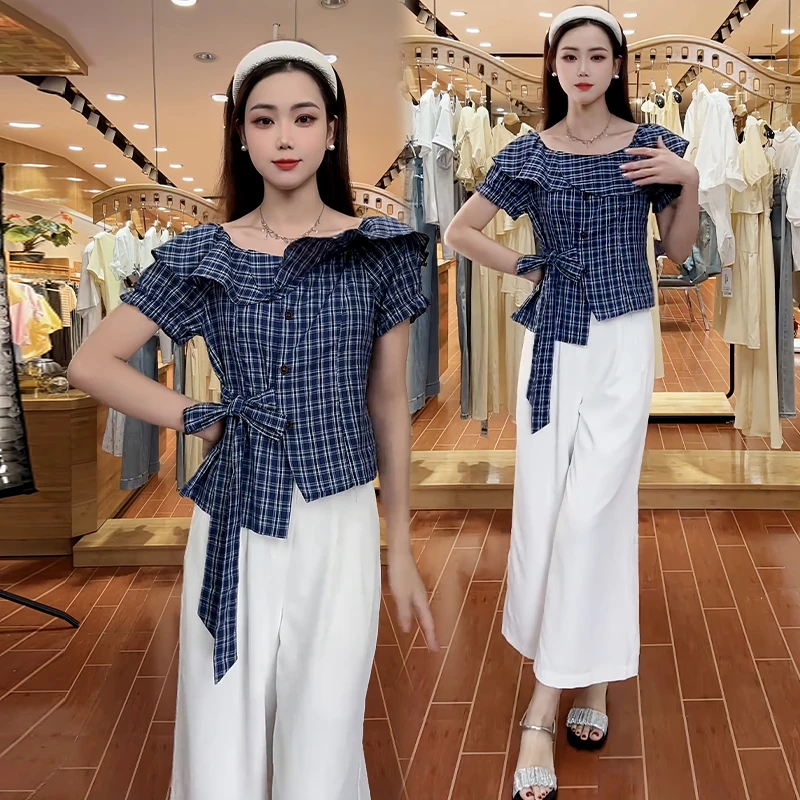 休闲法式高级感套装女2026夏季新款洋气显瘦方领上衣阔腿裤两件套