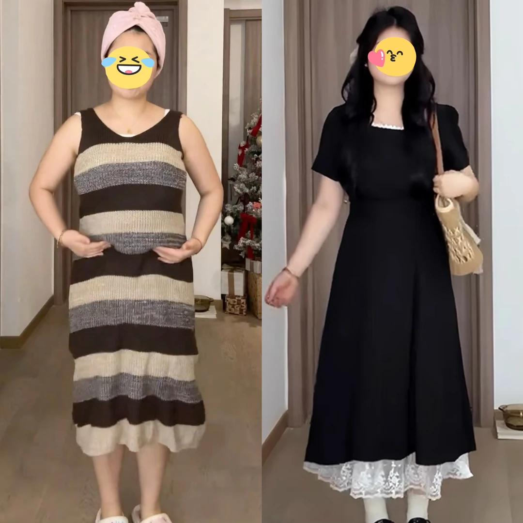 大码女装胖mm法式方领蕾丝拼接收腰短袖连衣裙2025夏季显瘦长裙