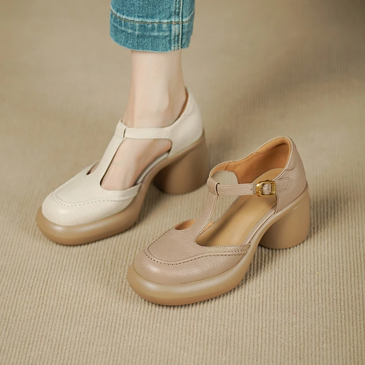 羊皮~7cm百搭粗跟厚底小个子增高包头凉鞋女夏季丁字带高跟玛丽珍