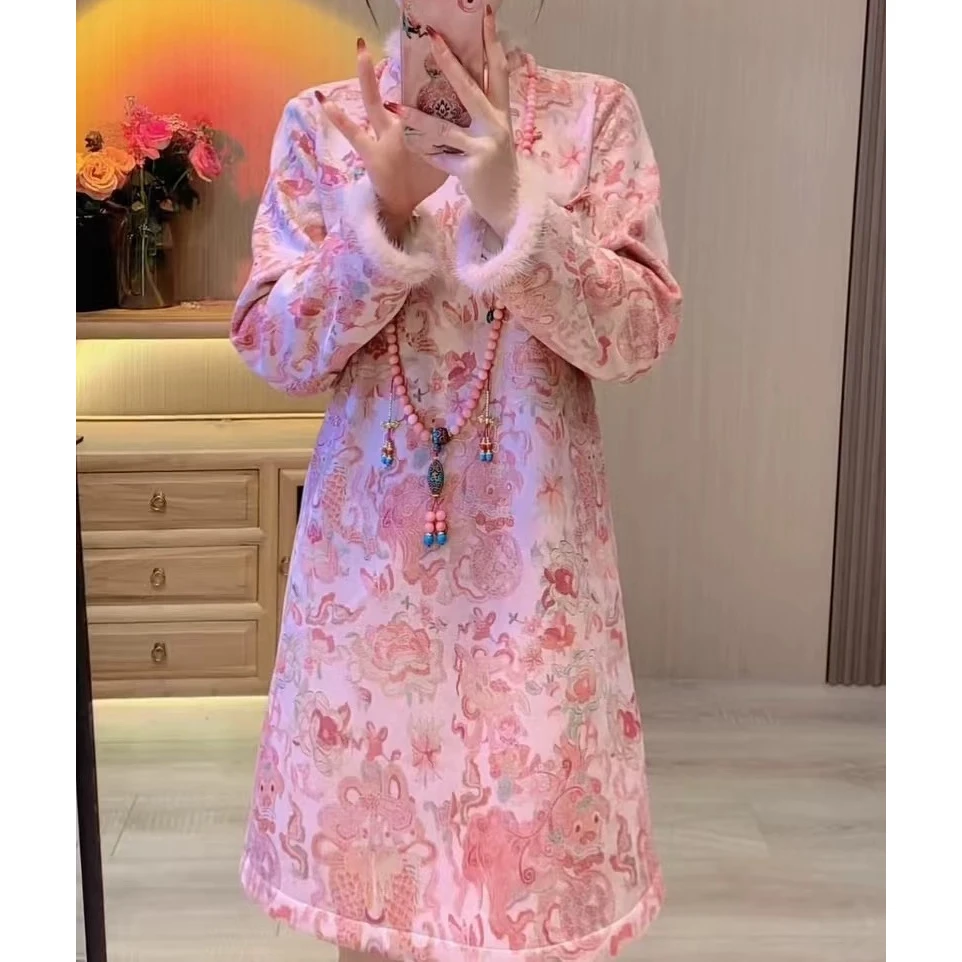 冬季新中式国风提花加绒保暖加绒连衣裙复古气质高级感女