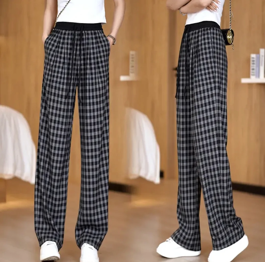 2025夏季格子阔腿裤休闲百搭通勤透气高腰显瘦薄款宽松直筒裤韩版