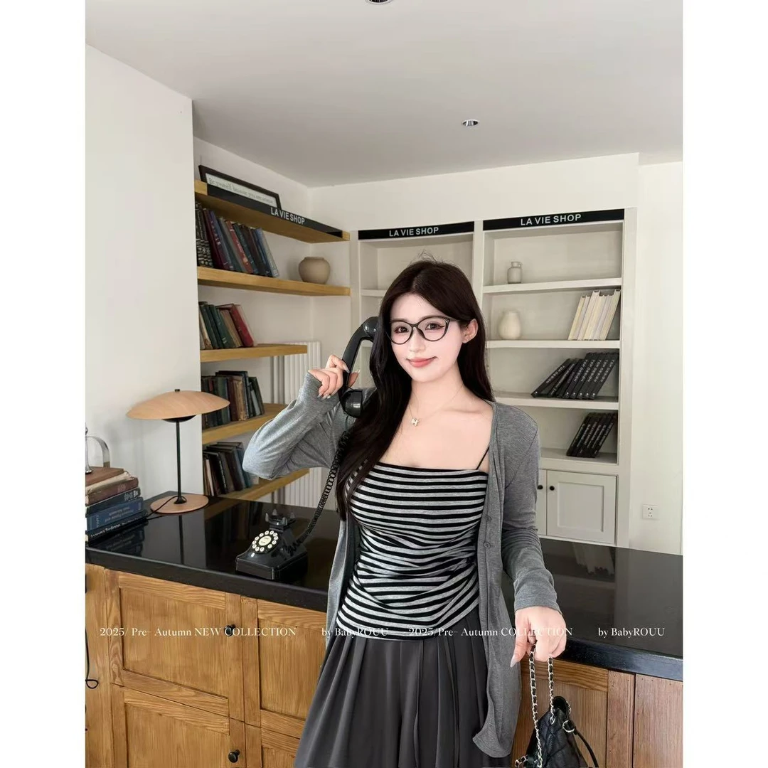 【素颜美女法】温与柔慵懒松弛条纹气质百搭好穿吊带长裤套装