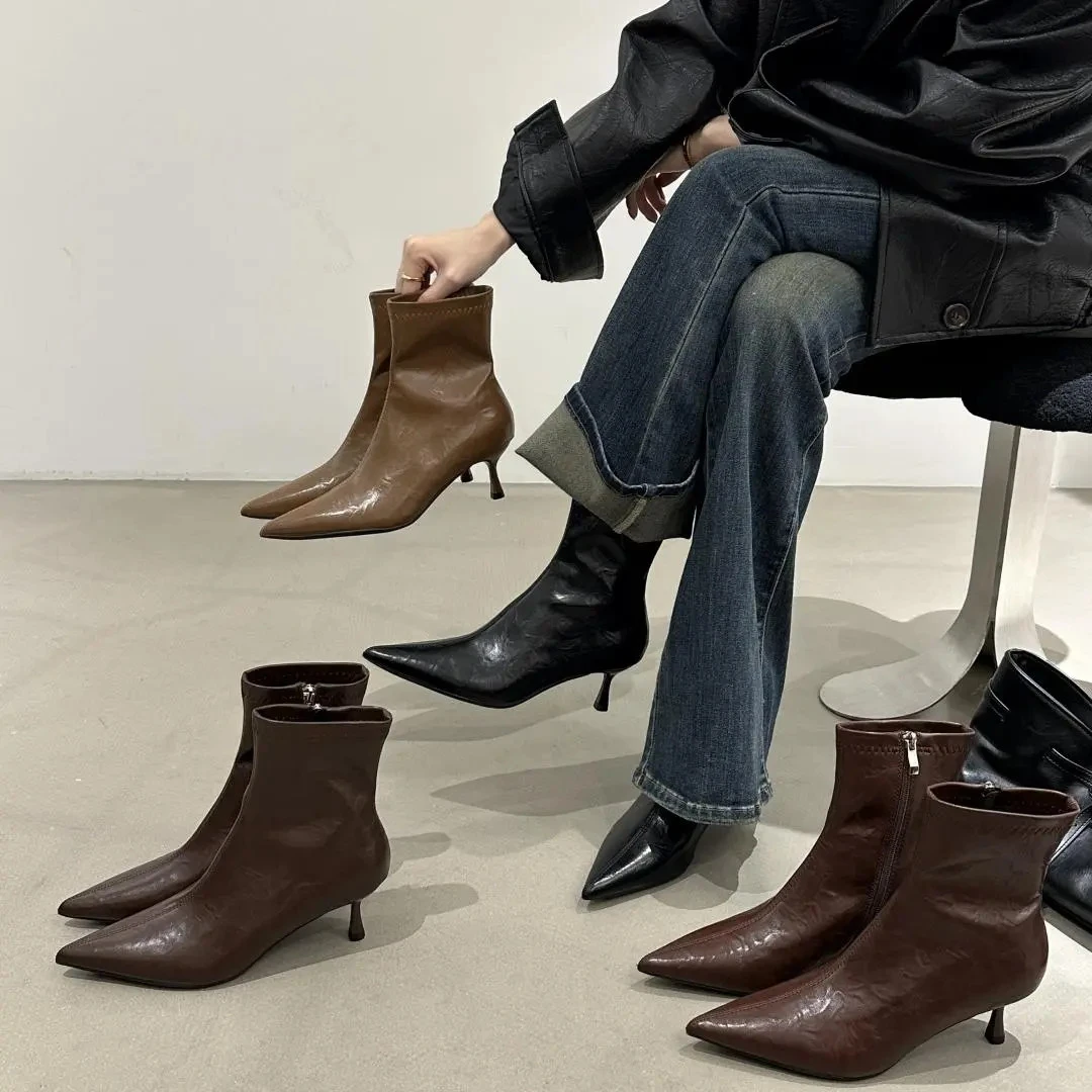 欧美风大牌款尖头细跟短筒靴秋冬美拉德棕色复古瘦瘦靴气质单靴女