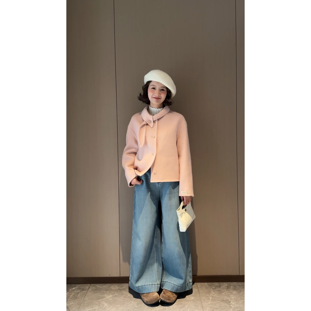 D7313#『70%羊毛』2025秋冬新款宽松名媛翻领设计短款双面羊毛外