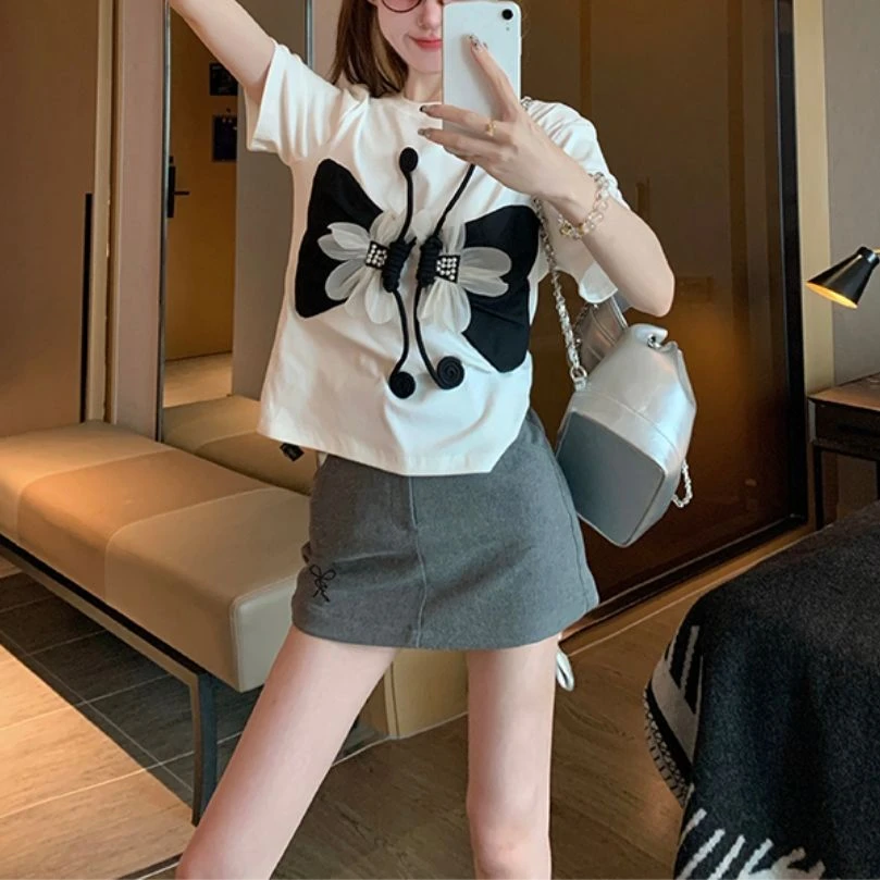 2025新款大码夏季重工立体蝴蝶贴布短袖t恤女正肩百搭小个子体恤