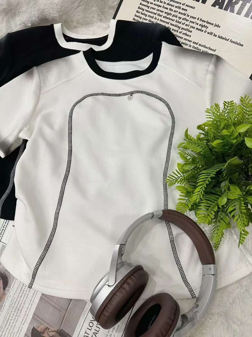 「扎染垫肩T恤」欧货时尚洋气高级感扎染撞色明线垫肩气质短袖T恤