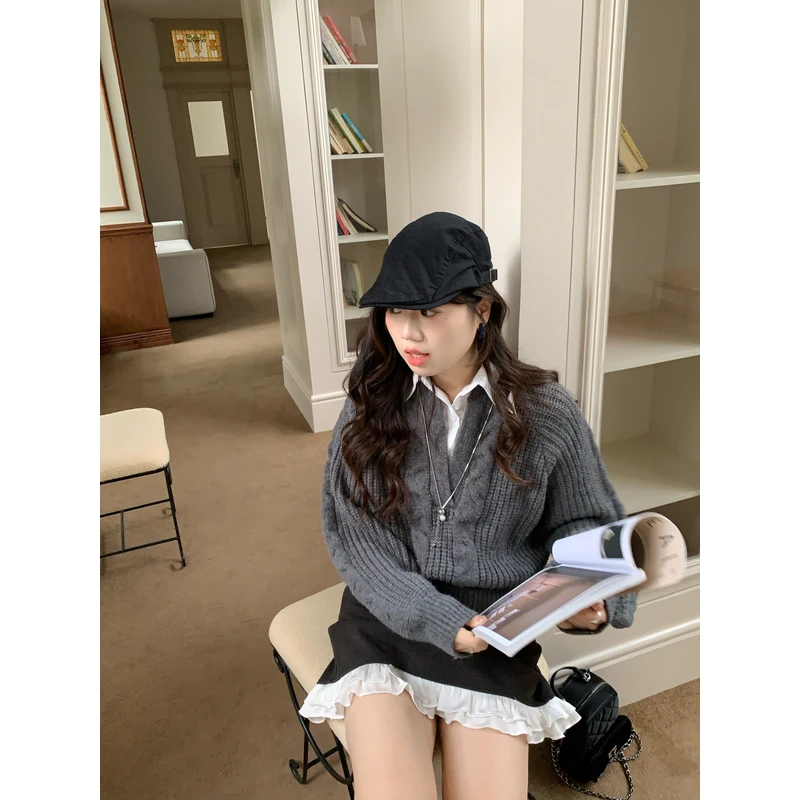 【现货】米米子“中古序章”两色粗毛线麻花灯笼袖衬衫领假两件毛衣