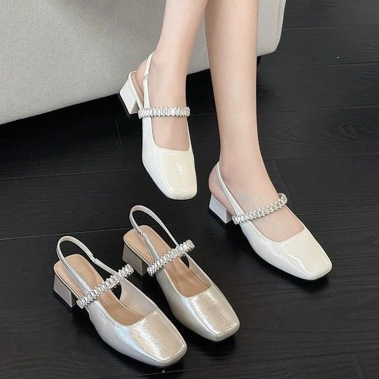 水钻一字带包头凉鞋女玛丽珍鞋配裙子2025夏季新款舒适低跟K305