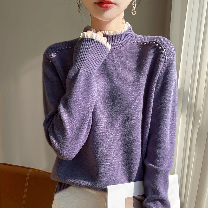 蕾丝羊毛衫花边半高领打底毛衣女2025新款重工钉珠保暖针织衫内搭