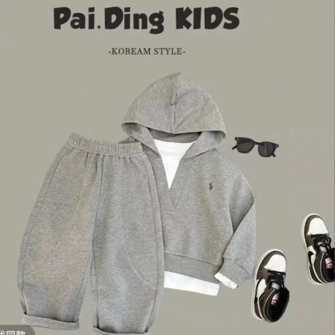 2025春秋新款儿童韩版时尚假两件设计刺绣标休闲连帽卫衣男女套装