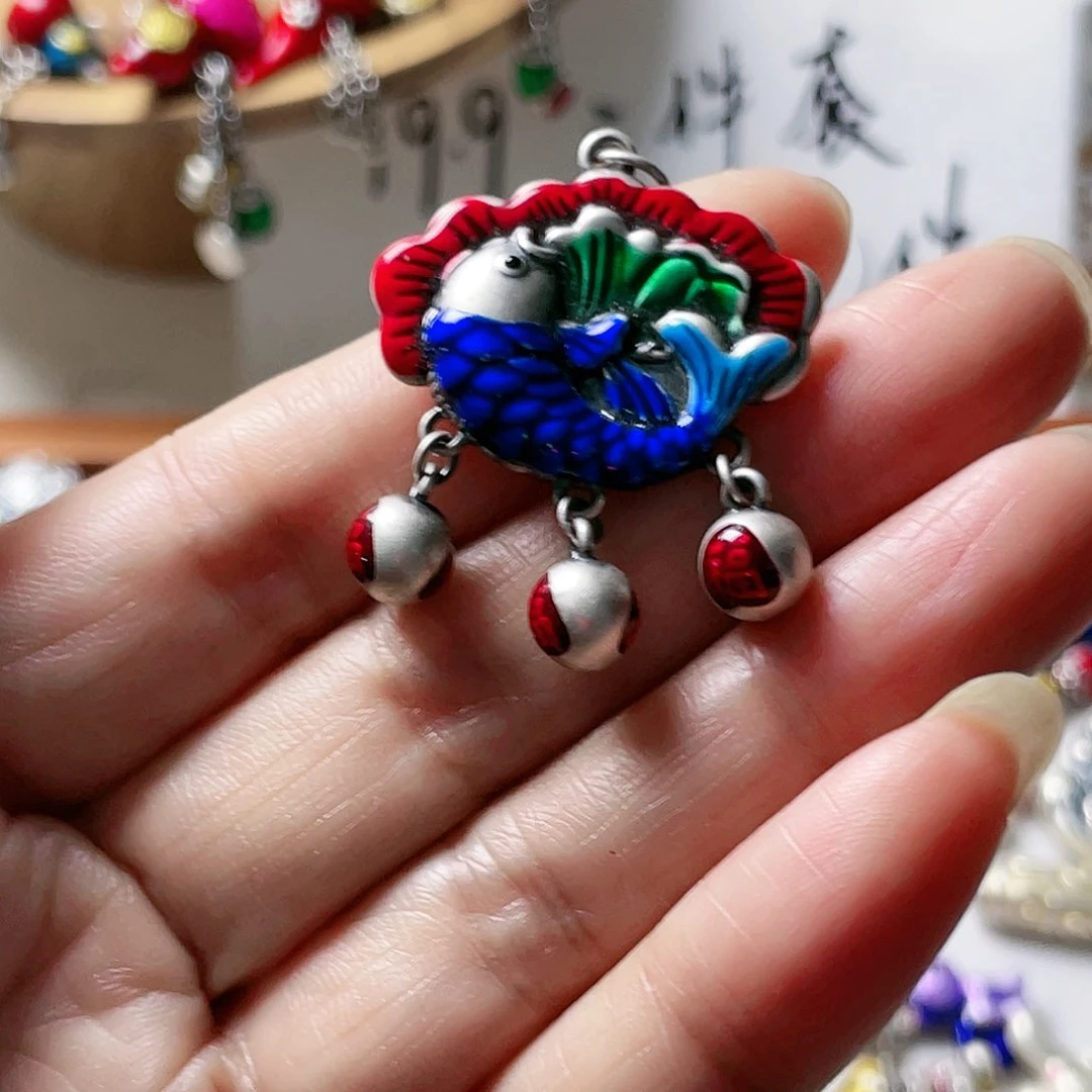 珐琅吊坠足银莲花吊坠