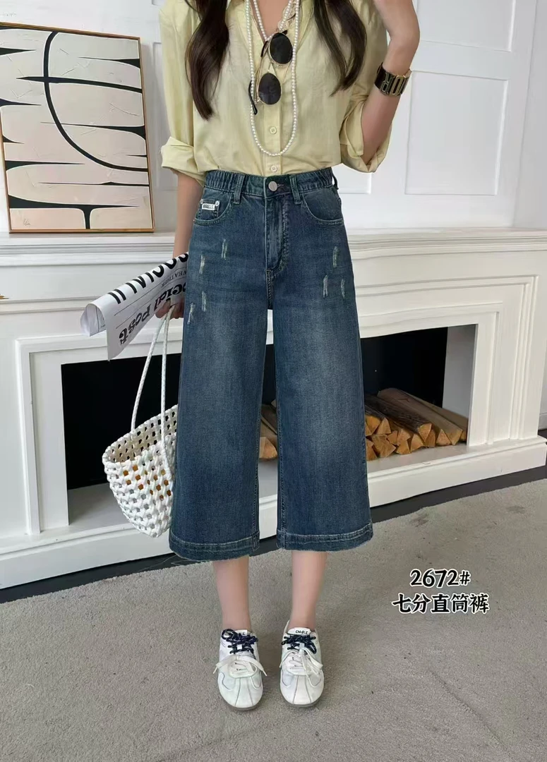宽松高腰薄款七分裤夏季牛仔裤中裤五分裤复古5分直筒裤百搭