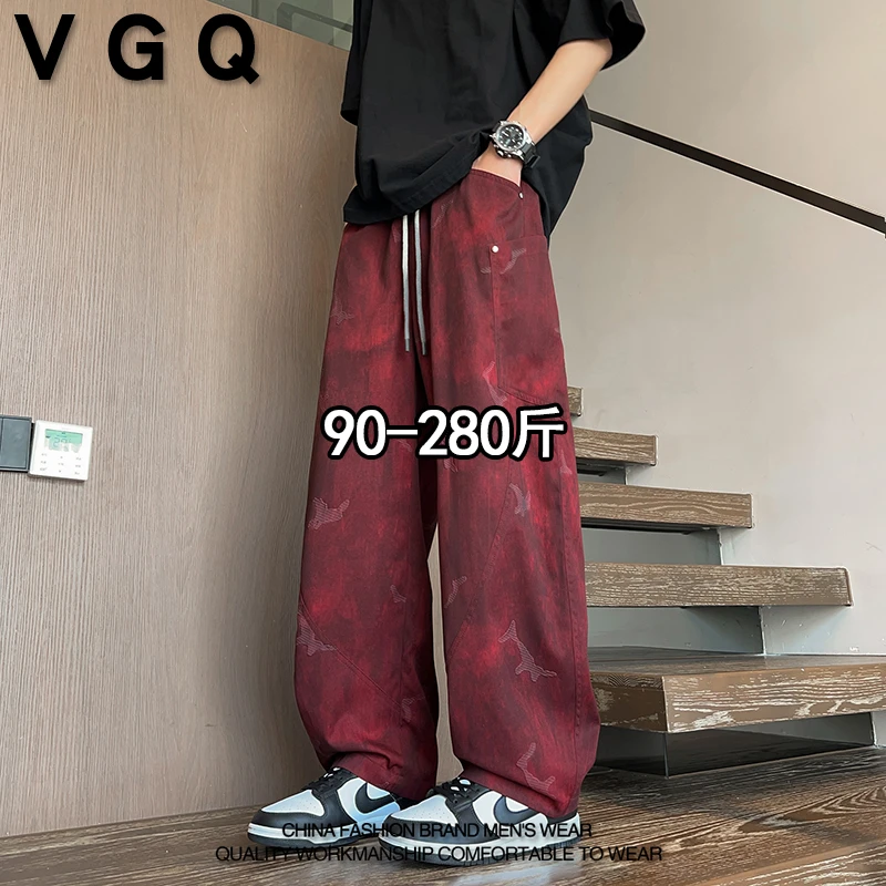 VGQ男士扎染休闲裤秋季新款加肥大码美式复古高街百搭工装直筒裤