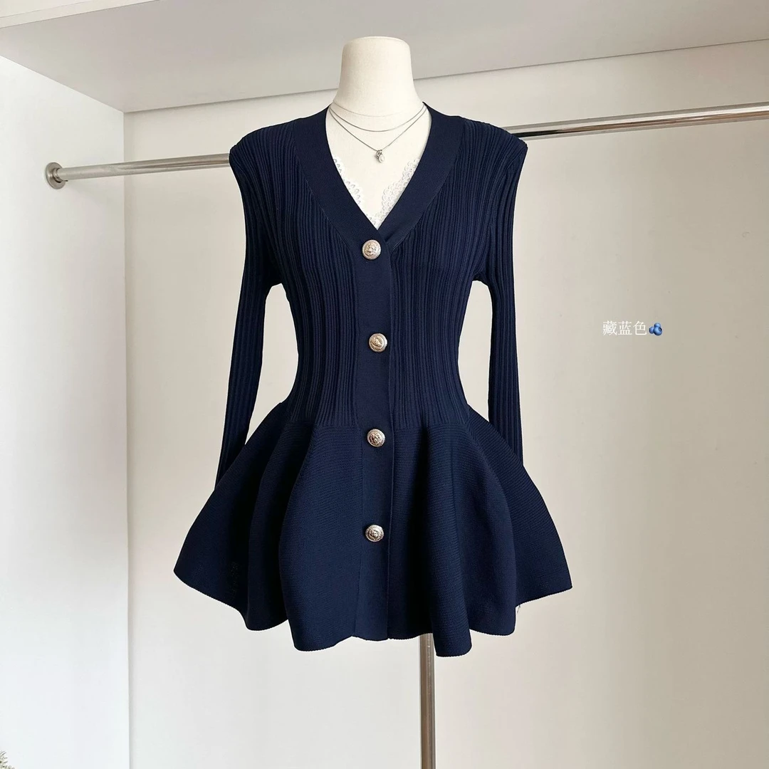 VOCKOO新款法式金扣领收腰显瘦蓬蓬裙小众冬季大大码粉色包身裙