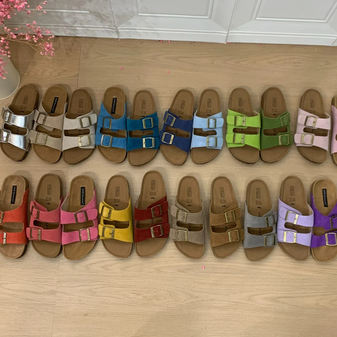 INS韩版磨砂真皮勃肯鞋一字带博肯半拖鞋休闲懒人鞋沙滩鞋凉拖鞋