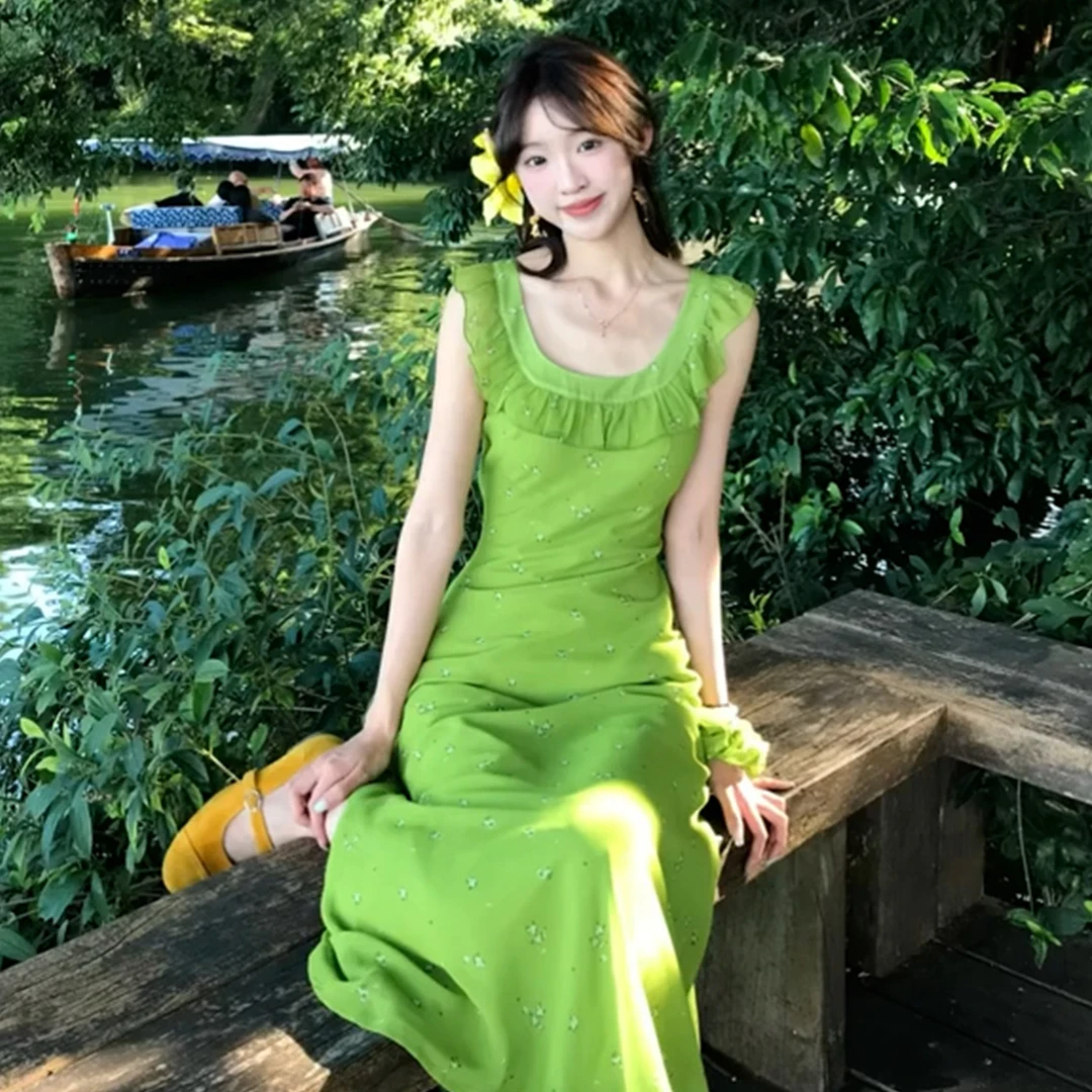 【现货+运贴5米】荷叶边绿色碎花裙夏季2025新款掐腰连衣裙长裙5552