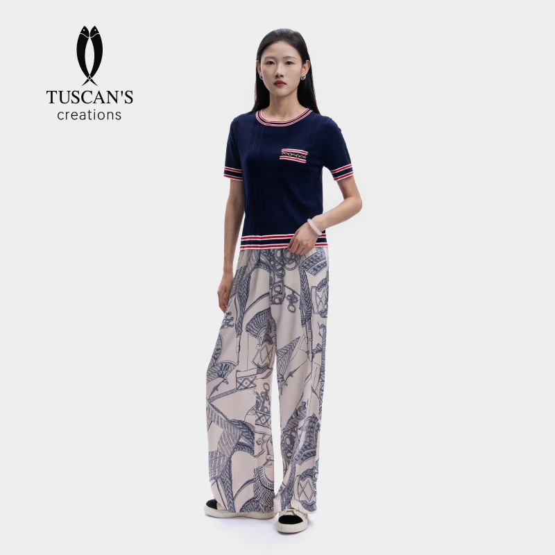 TUSCAN'S CREATIONS时尚极简风印花松紧腰高腰夏季休闲裤时代双鱼