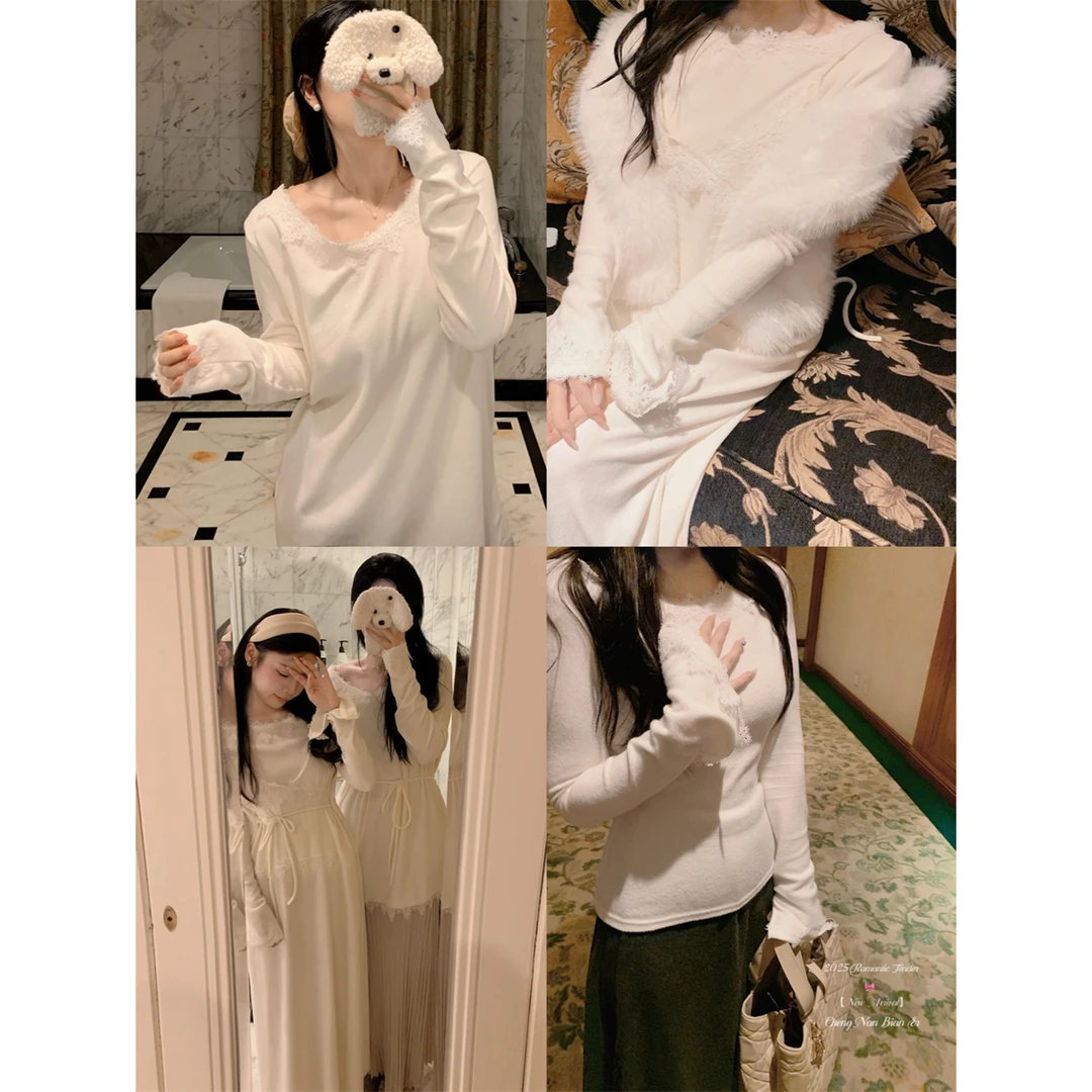 城南边儿绒感珍珠米蕾丝白色打底衫300g刷毛绒系列~阔版or修身版
