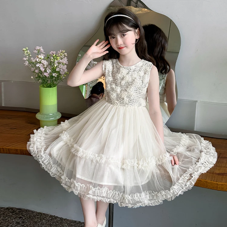 儿童2025新款夏装女童花朵蓬蓬纱公主裙中大童淑女甜美连衣裙