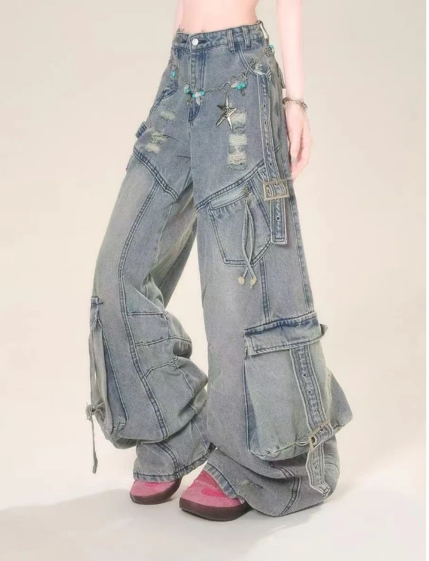 复古飘带磨破阔腿牛仔裤高腰宽松显瘦拖地裤子
