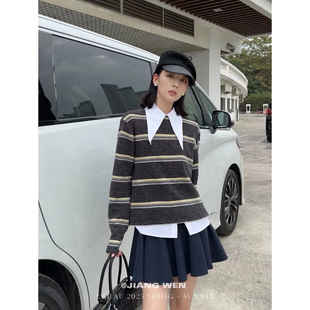 UKILAU【北海道】敲软糯显瘦磨毛条纹针织卫衣