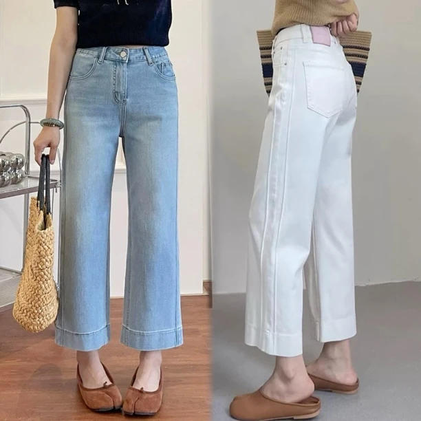 浅蓝色百搭直筒牛仔裤女早秋新款胖mm不挑身材窄版显瘦大码九分裤