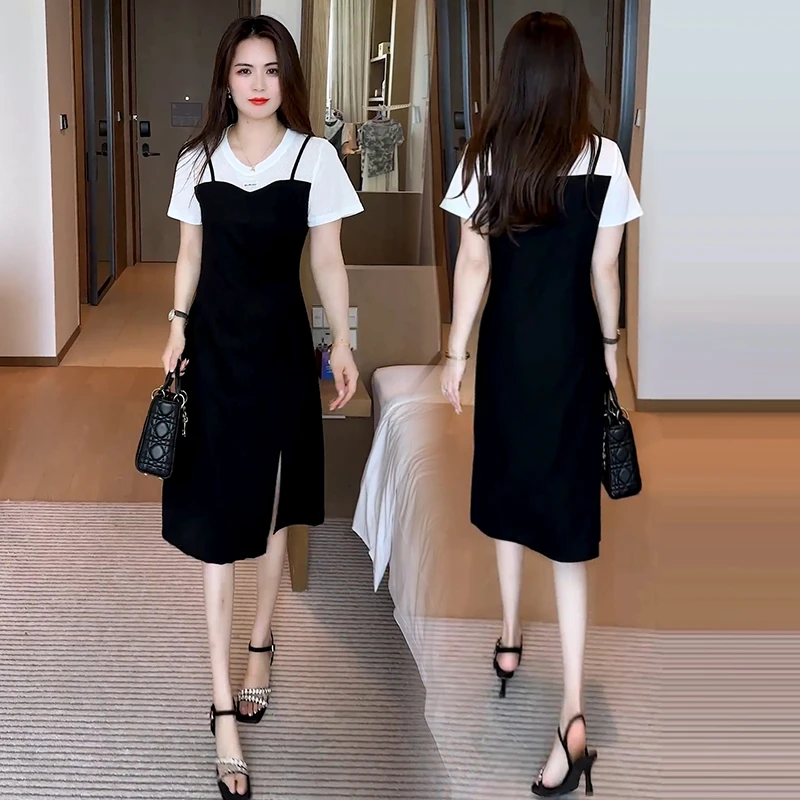 时尚洋气连衣裙女2025夏季新款韩版遮肚子显瘦假两件减龄背带裙潮