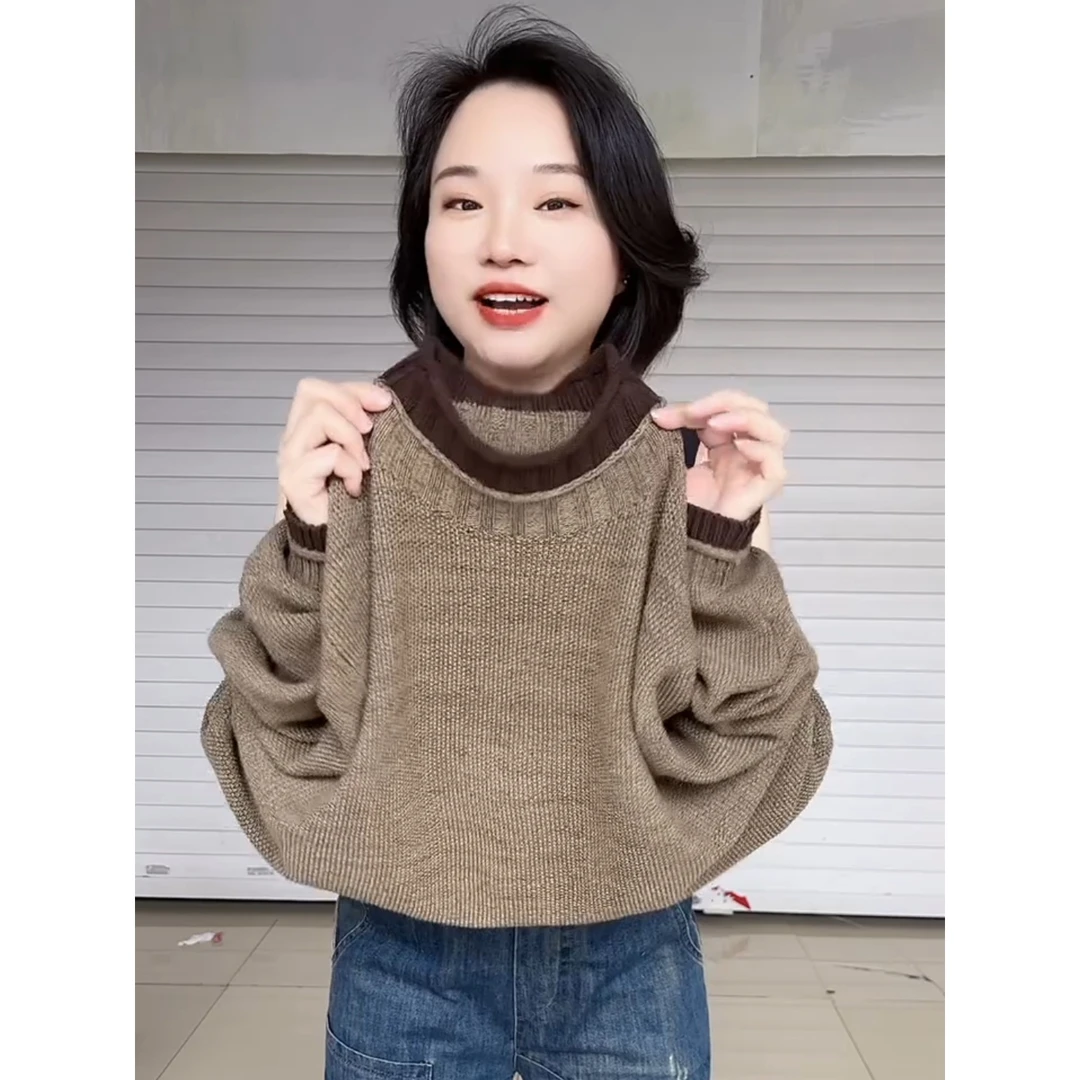 撞色半高领针织衫女套头毛衣高级感气质减龄显瘦套头百搭保暖上衣