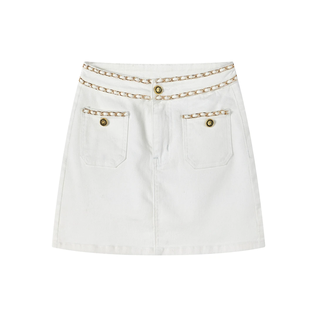 YUNAQIU 时尚潮流女装半身裙百搭金属链条装饰A字牛仔短裙5068