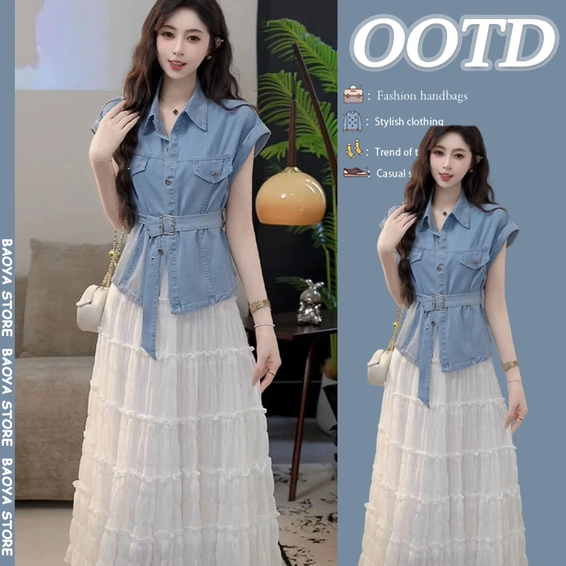 夏季搭配一整套2025新款时尚复古设计感牛仔衬衫蛋糕半身裙两件套