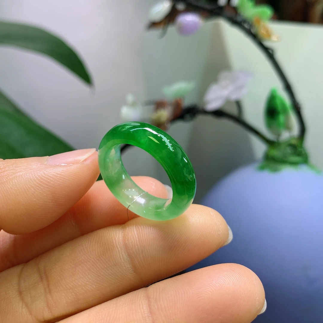 14圈口缅甸天然翡翠A货冰辣绿半山水戒指130#